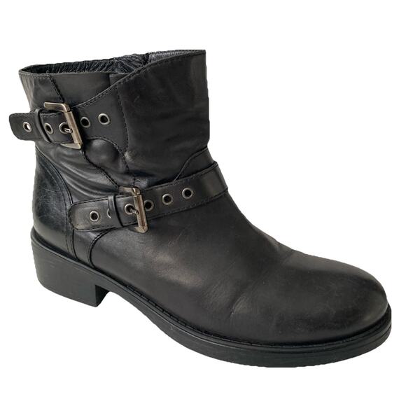 Aquatalia Sophie Black Leather Moto Boot Double Buckle Biker Ankle Comba… - Picture 1 of 8